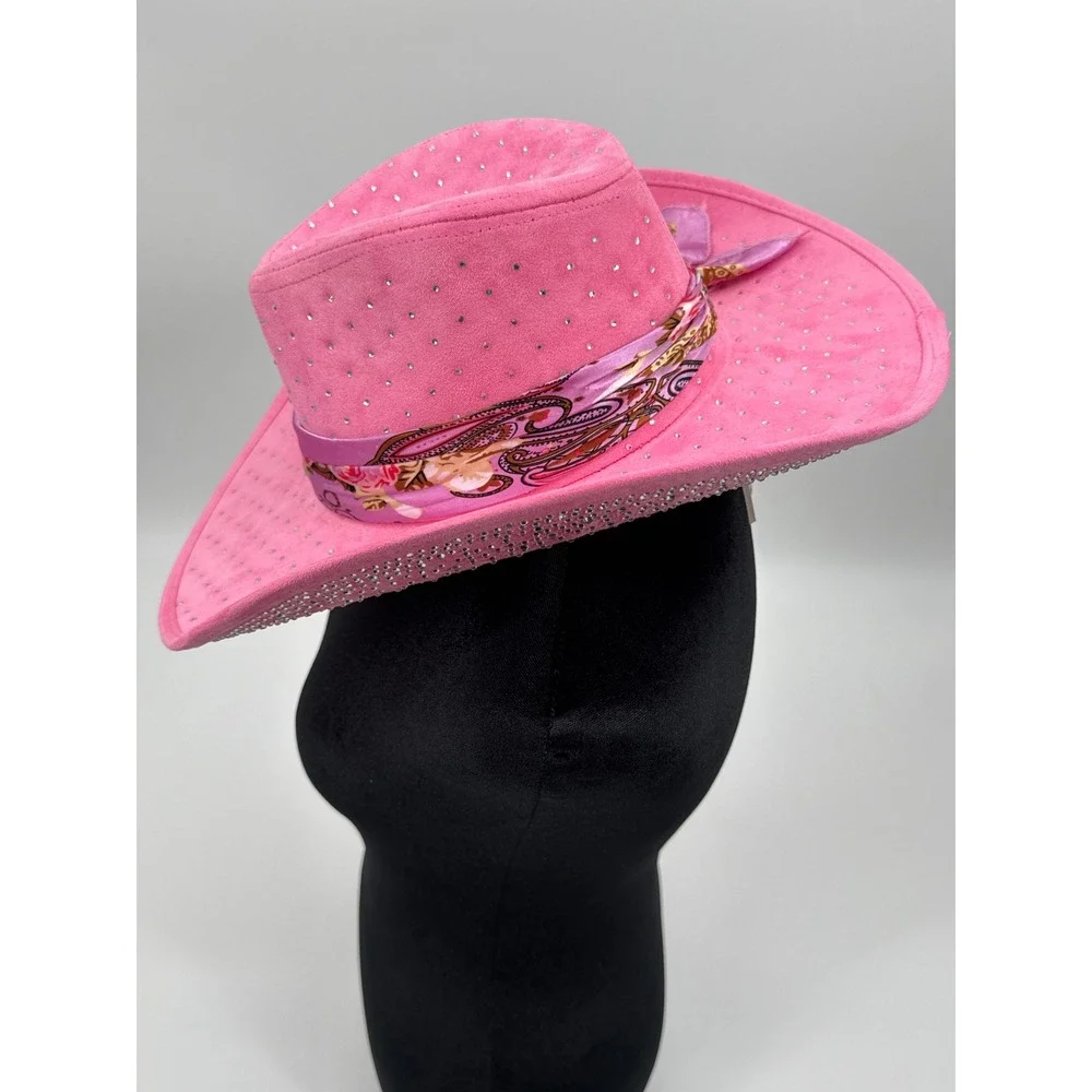 Pink Rhinestone Faux Suede Cowboy Hat Western Festival Paisley Band Crystal Brim